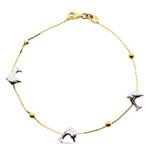 18K PULSERA ORO BICOLOR DELFINES Y BOLAS LISAS 19CM