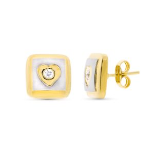 18K PENDIENTES ORO BICOLOR MATE Y BRILLO CUADRADOS BICOLOR 11X11 MM CIERRE A PRESIÓN