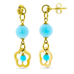 18K PENDIENTES LARGOS ORO AMARILLO TURQUESA FLOR CALADA CIERRE PRESION