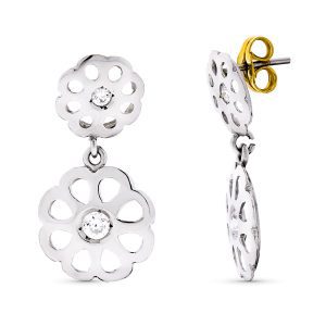 18K PENDIENTES ORO BLANCO FLORES CIRCONITA 20X10 MM CIERRE PRESION