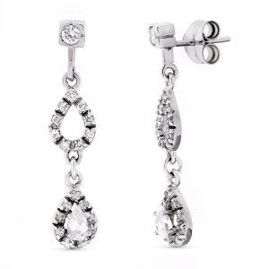 18K PENDIENTES ORO BLANCO LARGOS CIRCONITA 32X7 MM CIERRE PRESION
