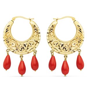 18K AROS ORO AMARILLO TALLADOS CORAL 25 MM