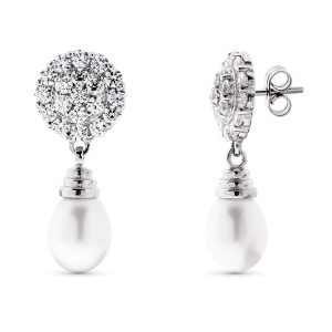 18K PENDIENTES ORO BLANCO PERLA Y CIRCONITA CIERRE PRESION
