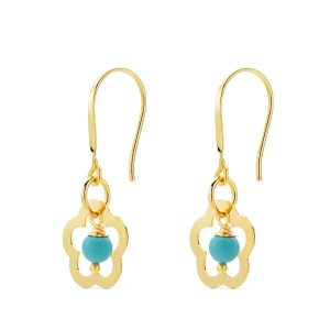 18K PENDIENTES ORO AMARILLO FLOR CORAL O TURQUESA 28X12 MM CIERRE GANCHO