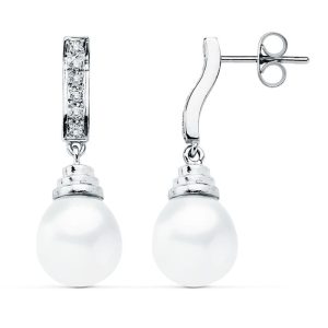 18K PENDIENTES ORO BLANCO PERLA 28X9 MM CIERRE PRESION