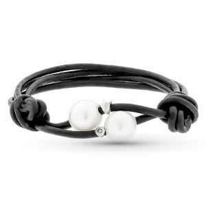 18K PULSERA CUERO PERLA Y DIAMANTE TALLA BRILLANTE