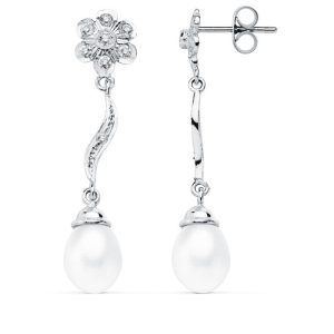 18K PENDIENTES ORO BLANCO PERLA 9X7 MM FLOR 38X8 MM CIERRE PRESION