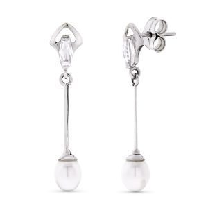 18K PENDIENTES ORO BLANCO LARGOS Y PERLAS CIERRE PRESION