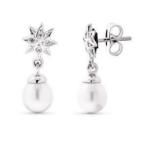 18K PENDIENTES ORO BLANCO LARGO ESTRELLA PERLA 18X7 MM CIERRE PRESION