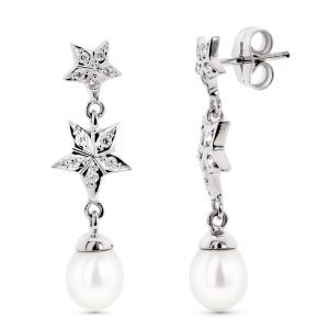 18K PENDIENTES ORO BLANCO CON ESTRELLAS Y PERLA CIERRE PRESION