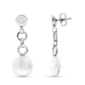 18K PENDIENTES ORO BLANCO LARGOS PERLA 10 MM Y CHATON CIRCONITA CIERRE PRESION