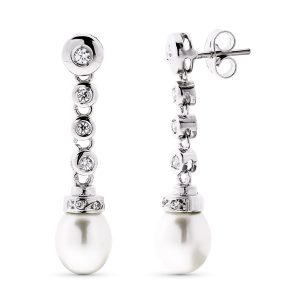 18K PENDIENTES ORO BLANCO LARGO PERLA CIULTIVADA 8 MM Y CIRCONITA TOTAL 30X7 MM CIERRE PRESION