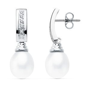 18K PENDIENTES ORO BLANCO PERLA 30X9 MM CIERRE PRESION