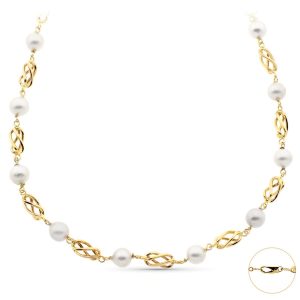 18K GARGANTILLA ORO AMARILLO CON PERLA DE 8.5 MM Y JAULAS DE ORO. LONGITUD 50CM