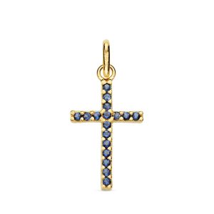 18K CRUZ ORO AMARILLO PIEDRAS AZULES 16X10 MM