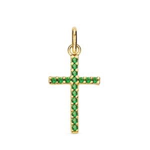 18K CRUZ ORO AMARILLO PIEDRAS VERDES 16X10 MM