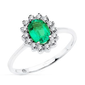 18K SORTIJA ORO BLANCO ESMERALDA 7X5 MM 0,75 QTS. DIAMANTES 0,290 QTS. SI-H 11,5X9,5 MM