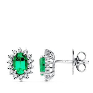 18K PENDIENTES ORO BLANCO ESMERALDA 6X4 MM 0,78 QTS. 28 DIAMANTES LABORATORIO 0,28 QTS. VS2-G CIERRE PRESION 9,5X8 MM