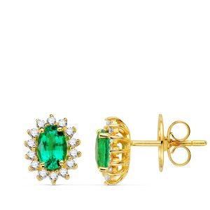 18K PENDIENTES ORO AMARILLO ESMERALDA 6X4 MM 0,78 QT Y 28 DIAMANTES LABORATORIO 0,280QT VS2-G. 9,5X8 MM CIERRE PRESION