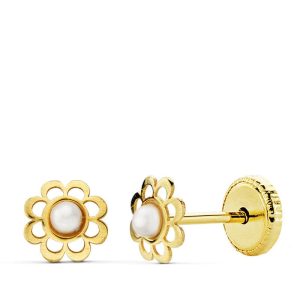 18K PENDIENTES ORO AMARILLO FLOR 5 MM PERLITA 2 MM TUERCA
