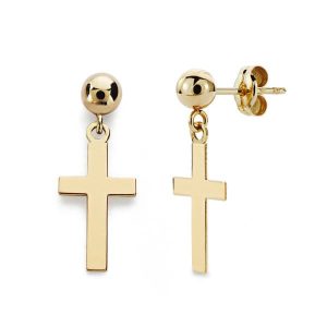 18K PENDIENTES CRUZ LISA Y BOLA ORO AMARILLO 12X7 MM CIERRE PRESION