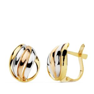 18K PENDIENTES TRICOLOR BANDAS 12X9 MM CIERRE CATALAN