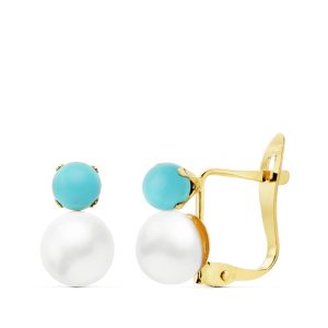 18K PENDIENTES ORO AMARILLO TURQUESA 3 MM PERLA 6 MM CIERRE CATALAN