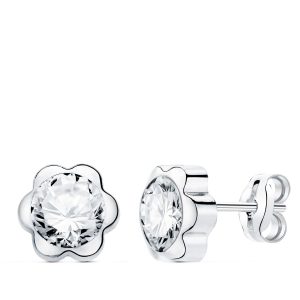 18K PENDIENTES ORO BLANCO FLOR CON CIRCONITA 7X7 MM CIERRE PRESION.