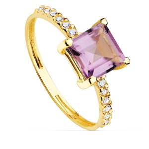 18K SORTIJA ORO AMARILLO CIRCONITA Y AMATISTA 6X6 MM ANCHO CUERPO 1.5 MM