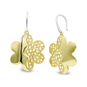 18K PENDIENTES ORO BICOLOR LARGOS FLOR CIERRE GANCHO