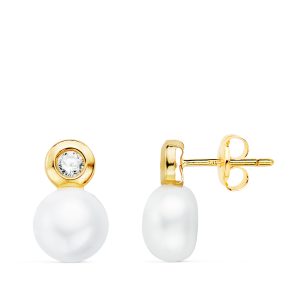 18K PENDIENTES ORO AMARILLO PERLA Y CHATON CON CIRCONTIA. MEDIDA: 12 X 7 MM. CIERRE PRESION