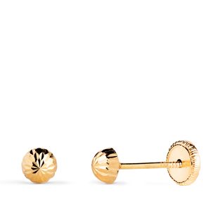 18K PENDIENTES ORO AMARILLO MEDIA BOLA TALLADA HUECA. ANCHO: 4 MM. CIERRE TUERCA