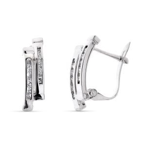 9K PENDIENTES ORO BLANCO BANDAS CON CIRCONITA 15X5 MM CIERRE CATALAN