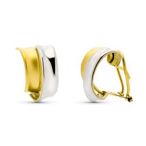 9K PENDIENTES ORO BICOLOR BANDAS 14X9 MM CIERRE OMEGA
