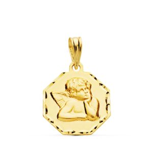 9K MEDALLA ORO AMARILLO OCTOGONAL ANGELITO BURLON. 15X15 MM