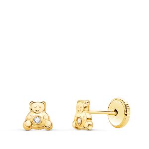 18K PENDIENTES ORO AMARILLO OSO CON CIRCONITA 4,5 X 4,5 MM. CIERRE TUERCA