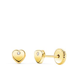 18K PENDIENTES ORO AMARILLO CORAZON CON CIRCONITA BRILLO 4X4 MM. CIERRE TUERCA