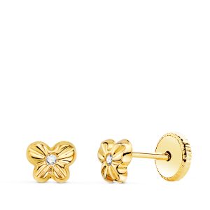 18K PENDIENTES ORO AMARILLO MARIPOSA CON CIRCONITA 5,5 X 4 MM. CIERRE TUERCA