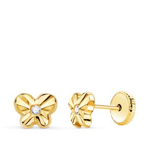 18K PENDIENTES ORO AMARILLO MARIPOSA CON CIRCONITA 6,5 X 5 MM. CIERRE TUERCA