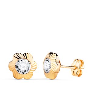 18K PENDIENTES ORO AMARILLO FLOR ORLA TALLADA CIRCONITA. MEDIDA: 9MM CIERRE PRESION