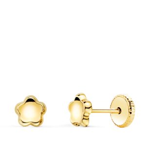 18K PENDIENTES ORO AMARILLO FLOR CONCAVO EN BRILLO 5X5 MM. CIERRE TUERCA