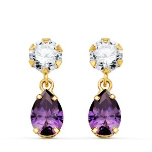 18K PENDIENTES ORO AMARILLO DOS CUERPOS CON CIRCONITA Y AMATISTA LAGRIMA 16 X 5MM. CIERRE PRESION