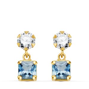 18K PENDIENTES ORO AMARILLO DOS CUERPOS CON CIRCONITA Y AGUA MARINA CUADRADA 14 X 5MM. CIERRE PRESION
