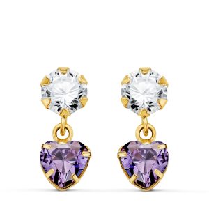 18K PENDIENTES ORO AMARILLO DOS CUERPOS CON CIRCONITA Y AMATISTA CORAZON 14 X 5MM. CIERRE PRESION