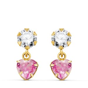 18K PENDIENTES ORO AMARILLO DOS CUERPOS CON CIRCONITA Y PIEDRA ROSA CORAZON 14 X 5MM. PRESION