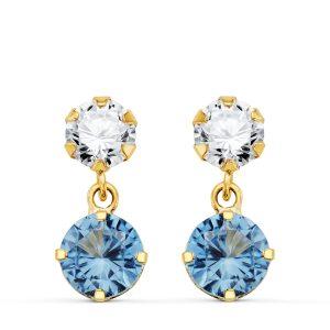 18K PENDIENTES ORO AMARILLO DOS CUERPOS CON CIRCONITA Y AGUAMARINA REDONDA 15 X 6MM. CIERRE PRESION