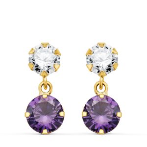 18K PENDIENTES ORO AMARILLO DOS CUERPOS CON CIRCONITA Y AMATISTA REDONDA 15 X 6 MM. CIERRE PRESION