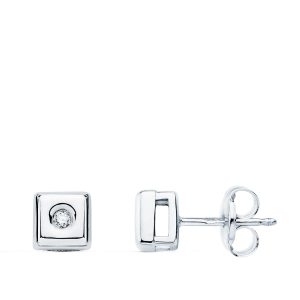 18K PENDIENTES CHATON CUADRADO ORO BLANCO DIAMANTES LABORATORIO 0,040 QTS. G-VS2 CIERRE PRESION 5,5 MM