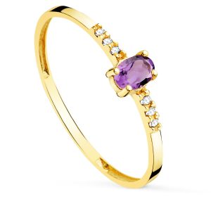 18K SORTIJA ORO AMARILLO DIAMANTES 0,030 QT OVAL AMATISTA NATURAL 4X3 MM CUERPO 1,30 MM VS2-G