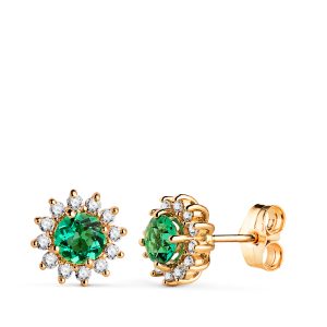 18K PENDIENTES ORO AMARILLO ESMERALDA 5 MM 0,96 QT. 24 DIAMANTES LABORATORIO 0,340 QTS. VS2-G. 9 MM CIERRE PRESION